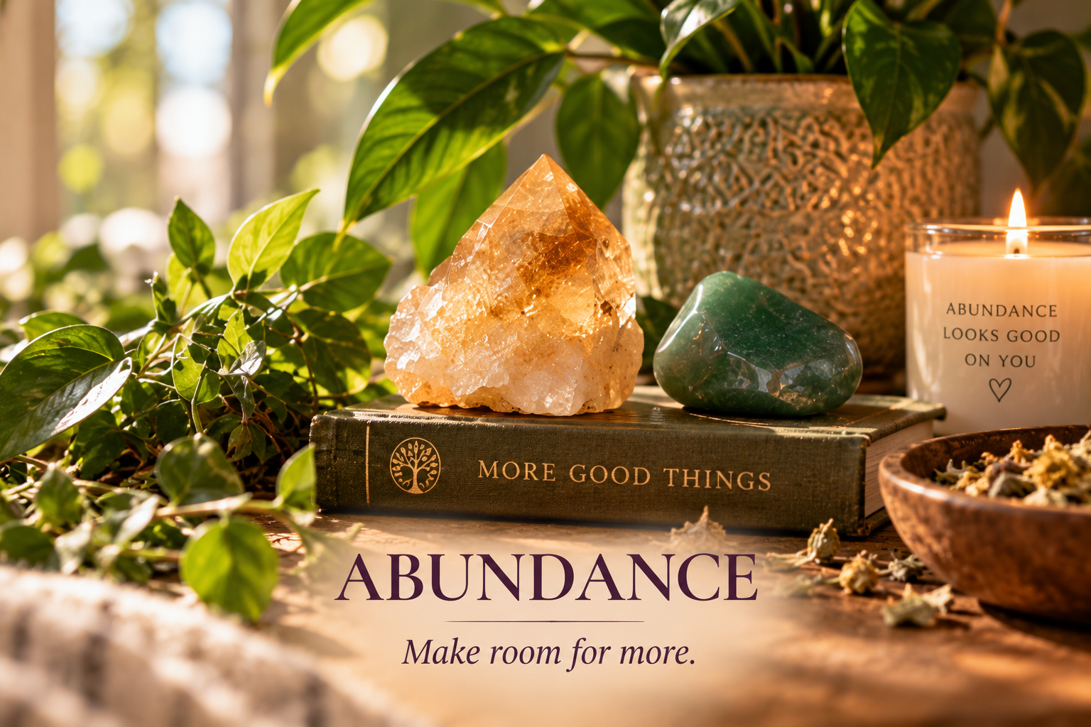 Citrine and green aventurine with greenery and candlelight in an abundance-inspired ritual setting.