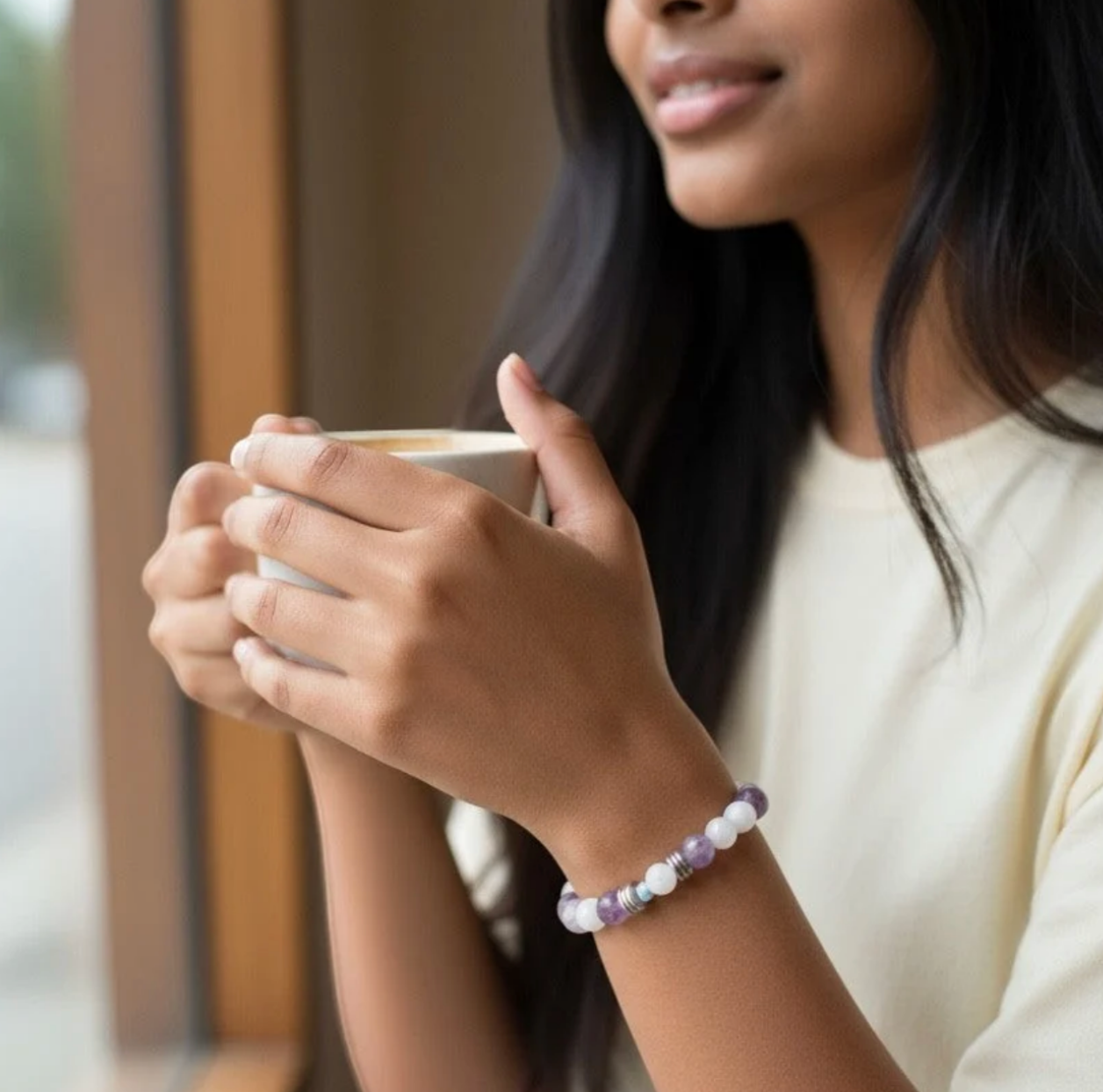 Woman holding a coffee mug while wearing a amethyst and snow jade beaded bracelet with silver accent beads.