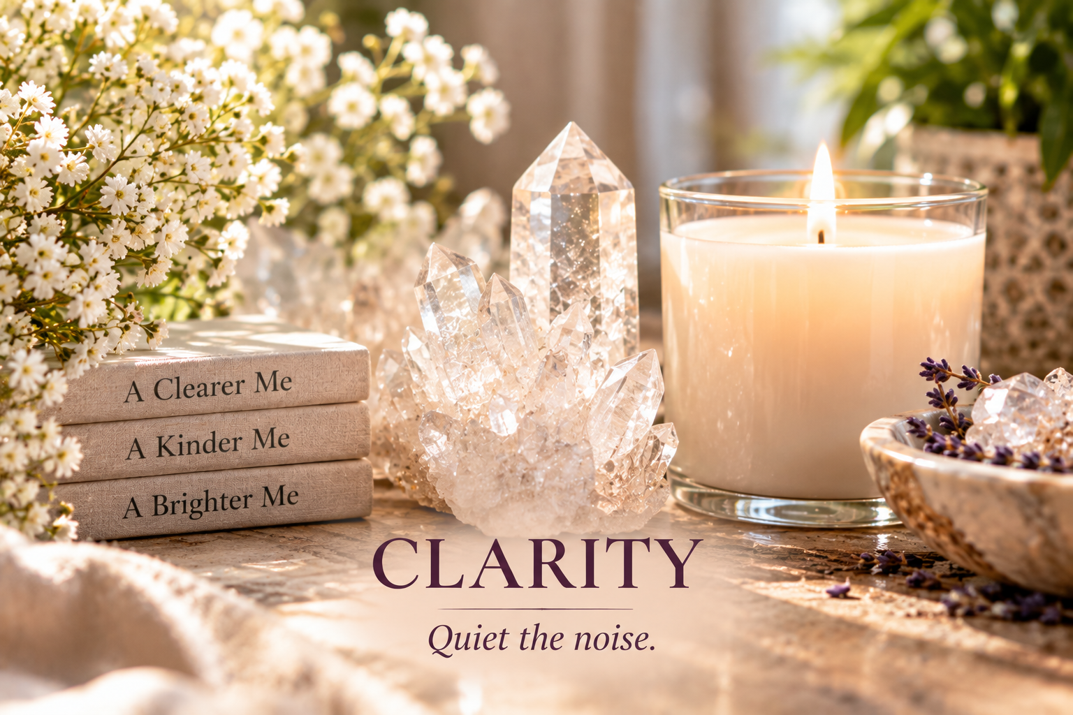 Clear quartz crystals with white flowers and candlelight arranged for a calming clarity ritual.