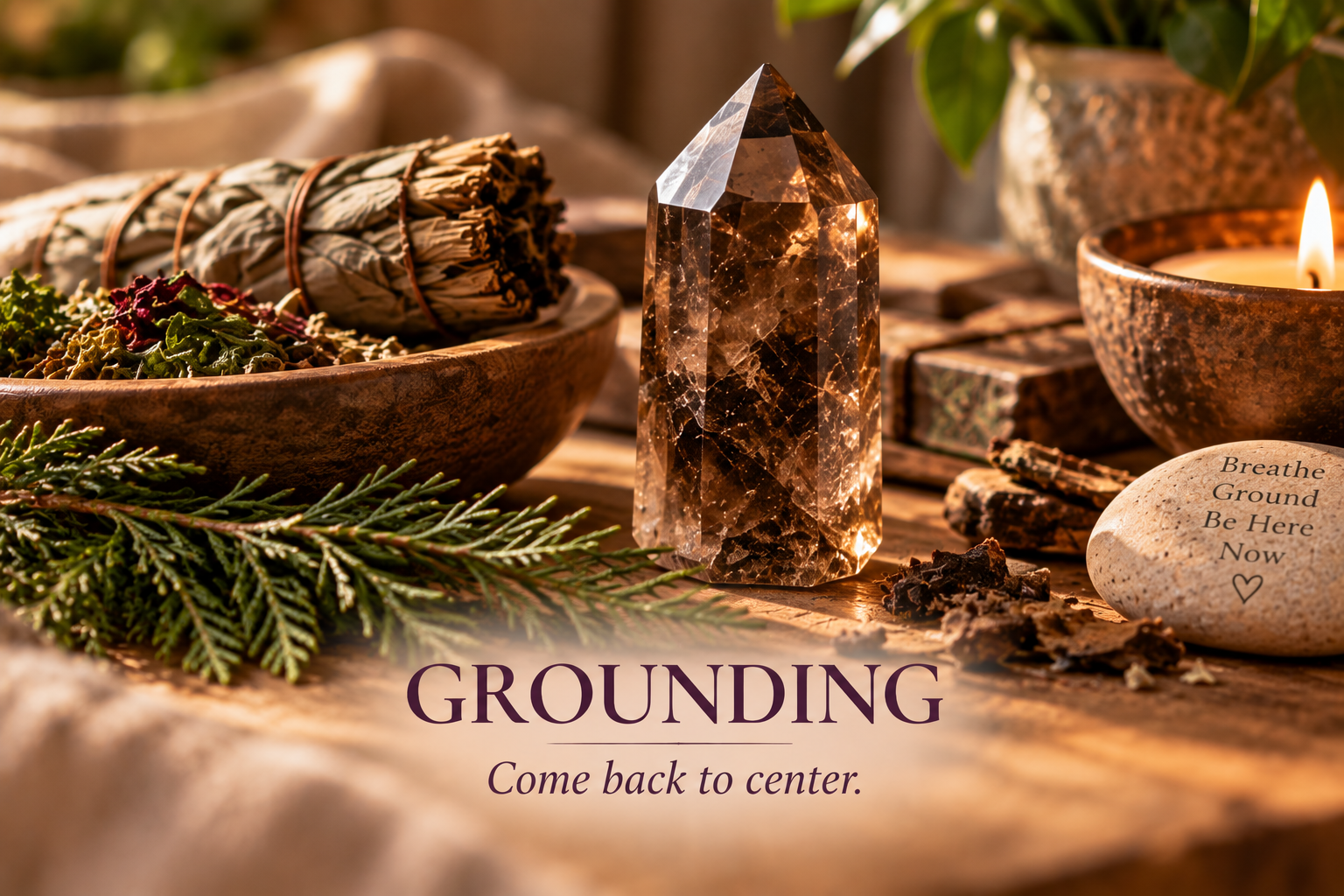 Smoky quartz crystal with herbs, greenery and candlelight arranged for a grounding ritual.