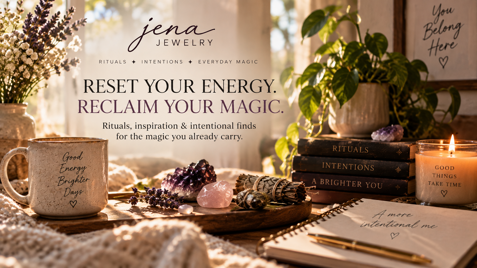 Warm ritual setting with crystals, candle, journal and jewelry representing intentional living and everyday magic at Jena Jewelry.