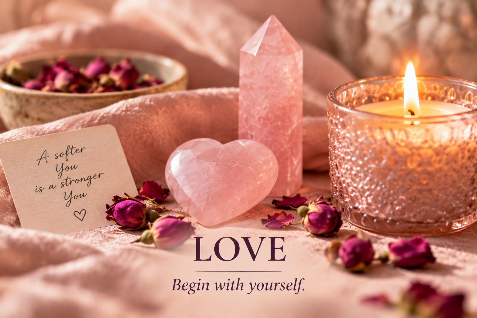 Rose quartz crystals, dried roses and candlelight arranged for a warm self-love ritual.