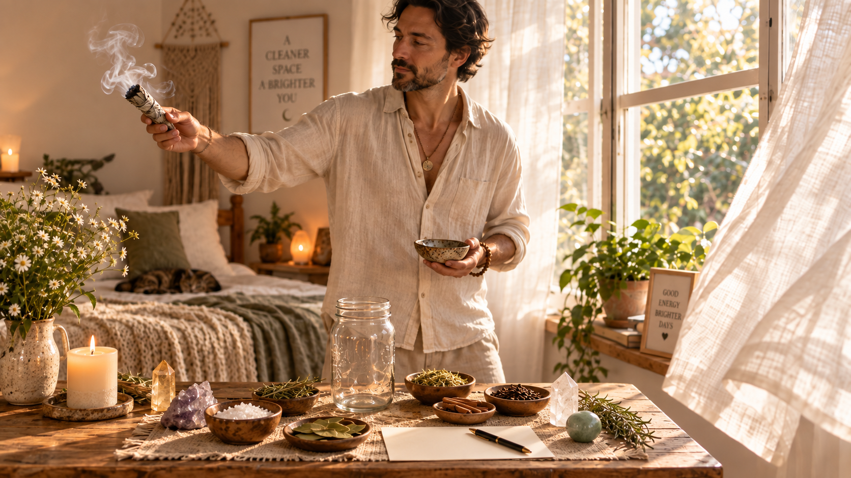 Man using sage to cleanse a sunlit bedroom beside an altar table with crystals, herbs, a blank intention card, and an open jar.