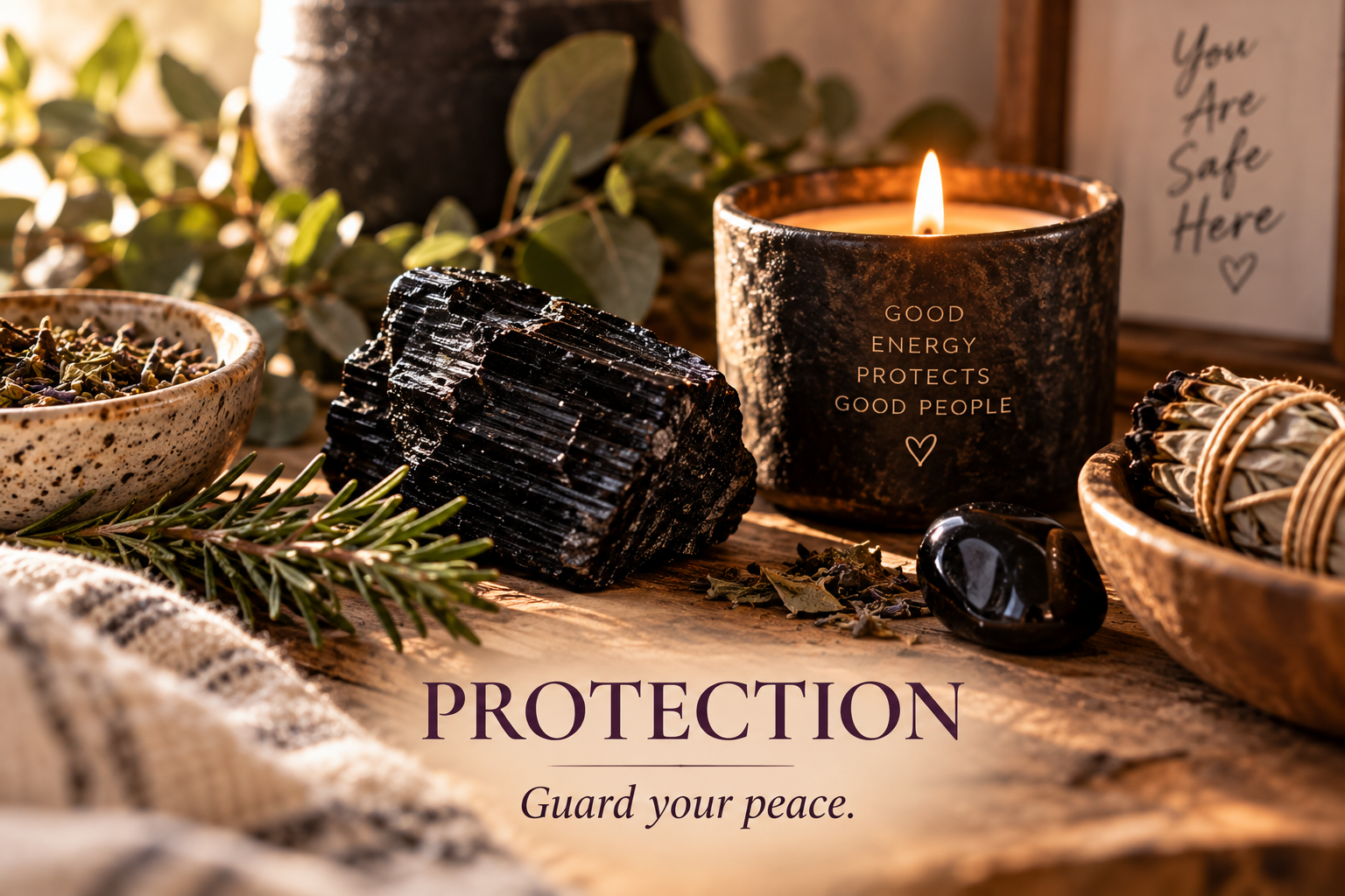Black tourmaline with candle, herbs and sage arranged for a peaceful protection ritual.