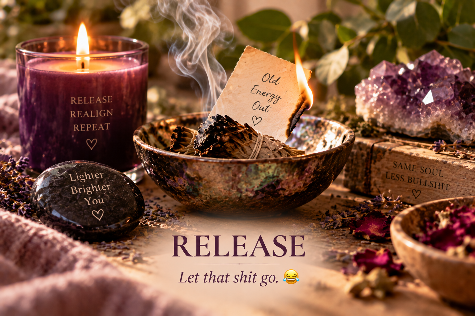 Release ritual with amethyst, candlelight, herbs and a burning intention note.