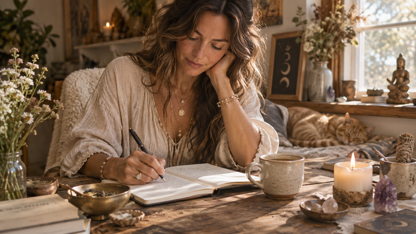 Woman journaling beside candles, crystals, and meaningful jewelry while setting a personal intention in a warm, peaceful space.