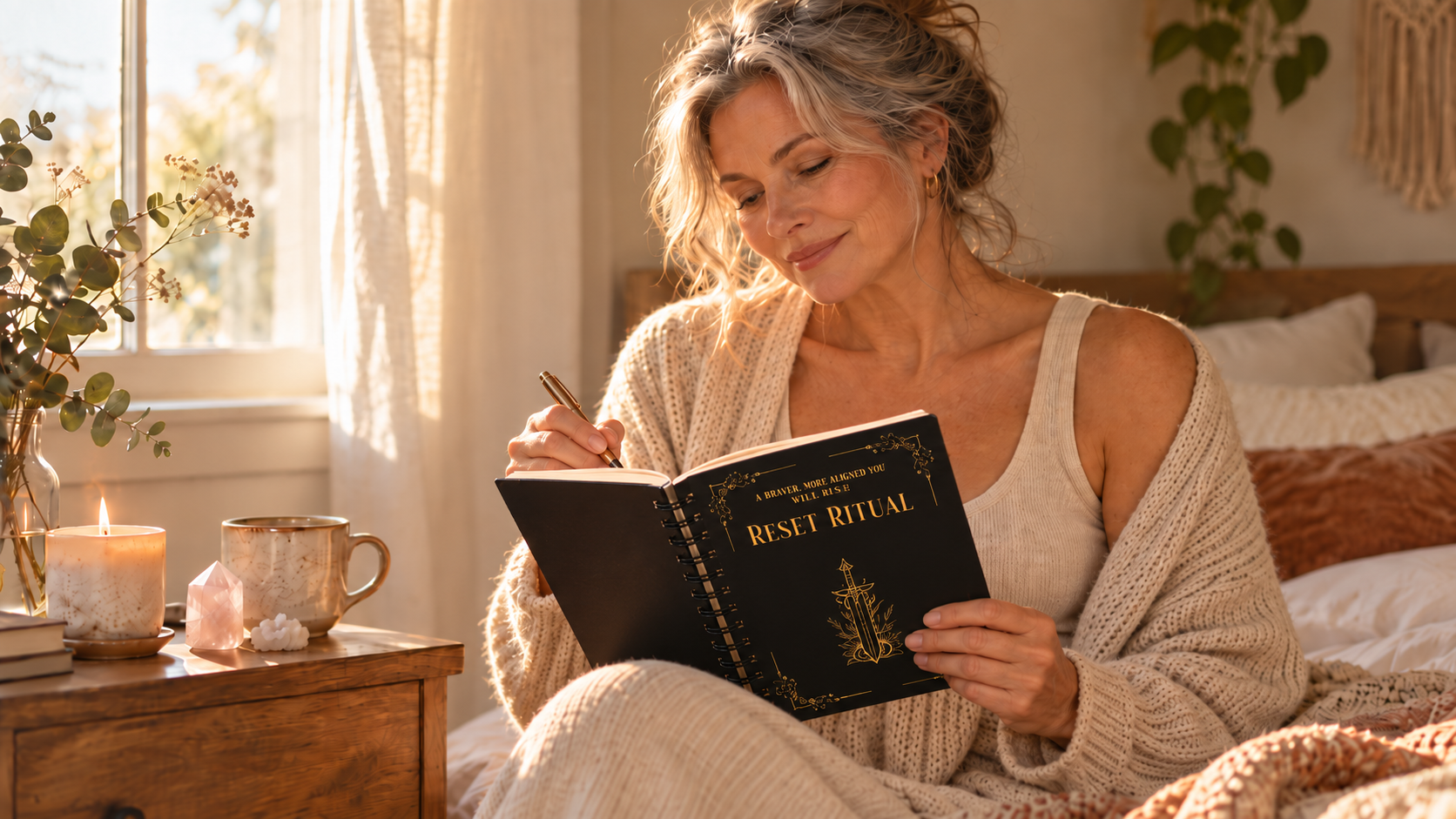 Mature woman writing in a Reset Ritual journal while sitting in a sunlit bedroom with a candle, crystals, and coffee nearby.